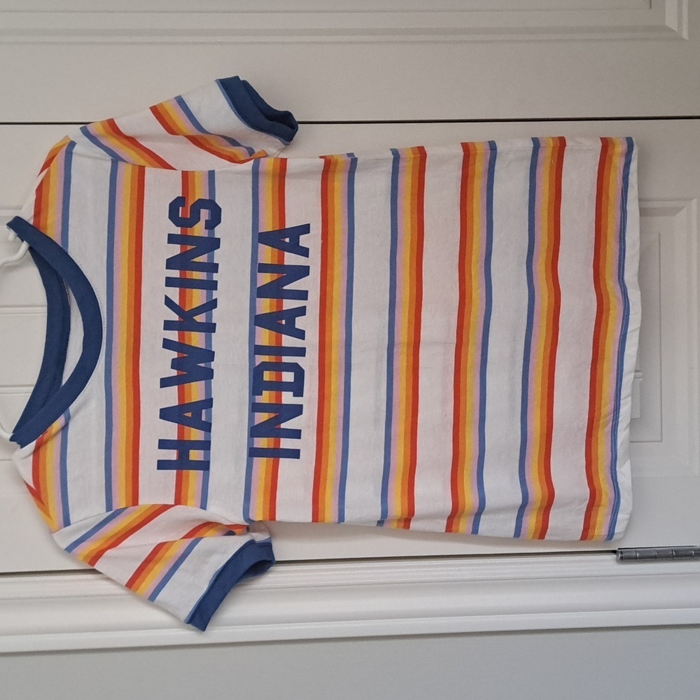 Stranger Things HAWKINS INDIANA striped tee tshirt Neftlix short sleeve top XS
